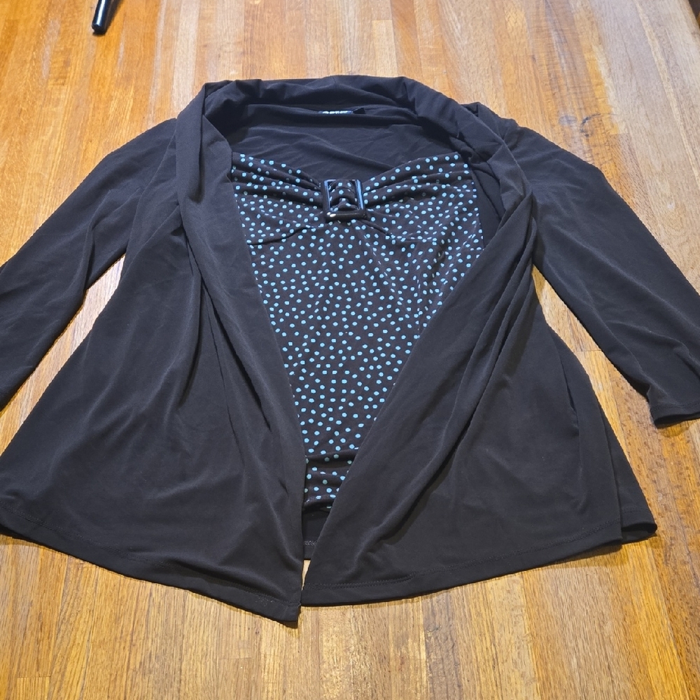 Apt. 9 Women‎ Medium Dark Brown Teal Polka Dot Open Front Layered Blouse
